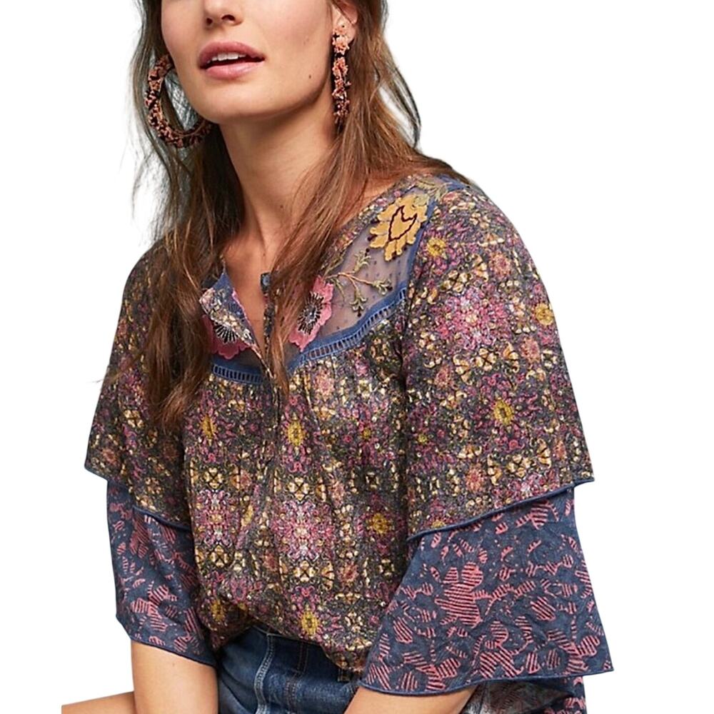 Anthropologie Postmark Ciutadella Floral Embroidered Semi Sheer Top Medium